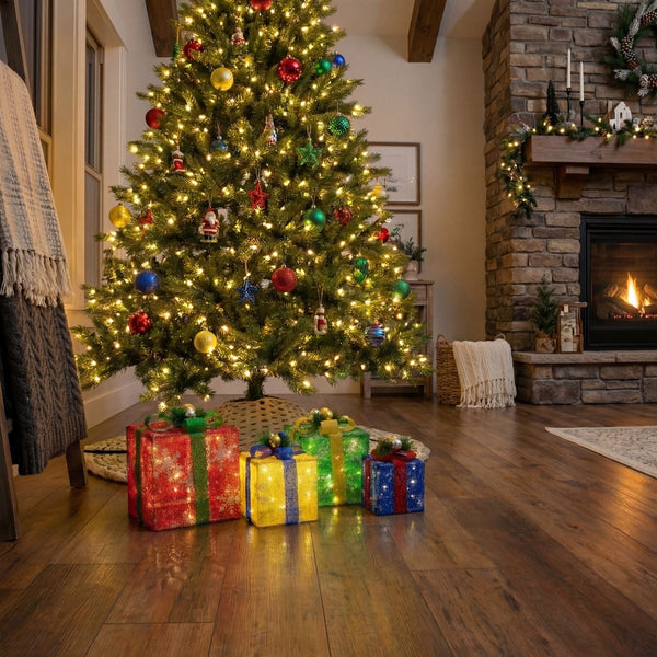 Pre-Lit Christmas Multicolor Gift Boxes with LED Lights and Festive Gift Toppers - Set of 4