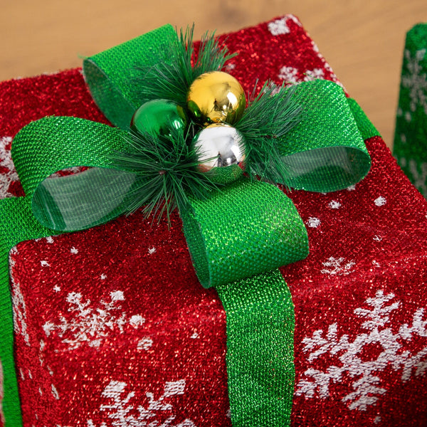 Pre-Lit Christmas Multicolor Gift Boxes with LED Lights and Festive Gift Toppers - Set of 4