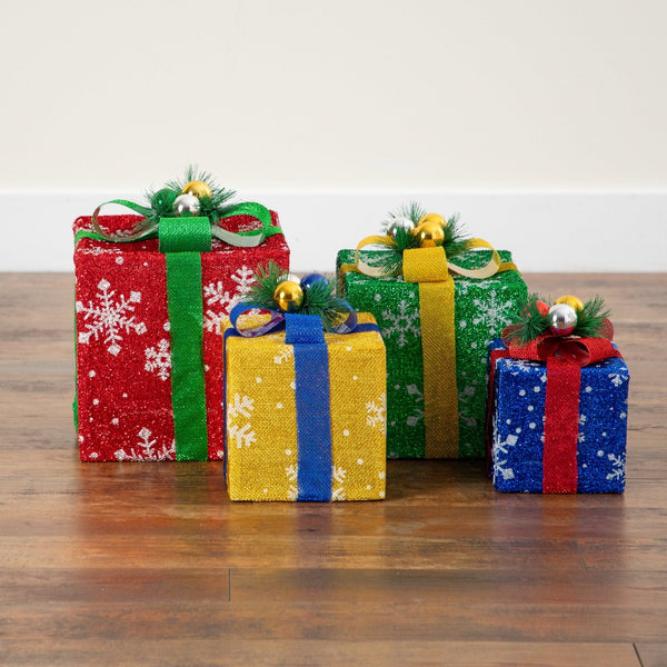 Pre-Lit Christmas Multicolor Gift Boxes with LED Lights and Festive Gift Toppers - Set of 4
