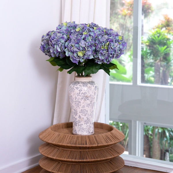 Signature Collection 30” Artificial Hydrangea Arrangement in Ceramic Floral Printed Vase