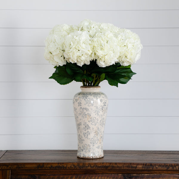 Signature Collection 30” Artificial Hydrangea Arrangement in Ceramic Floral Printed Vase
