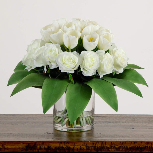 Wedding Collection 20" Artificial Roses and Tulips Arrangement in Glass Vase