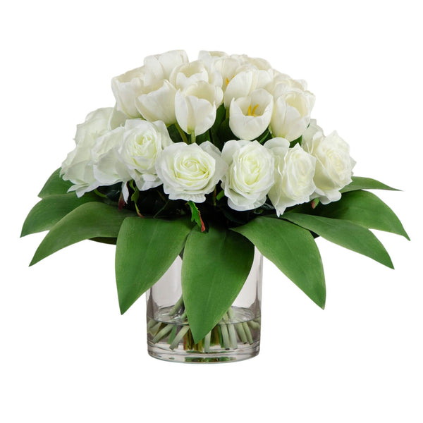 Wedding Collection 20" Artificial Roses and Tulips Arrangement in Glass Vase