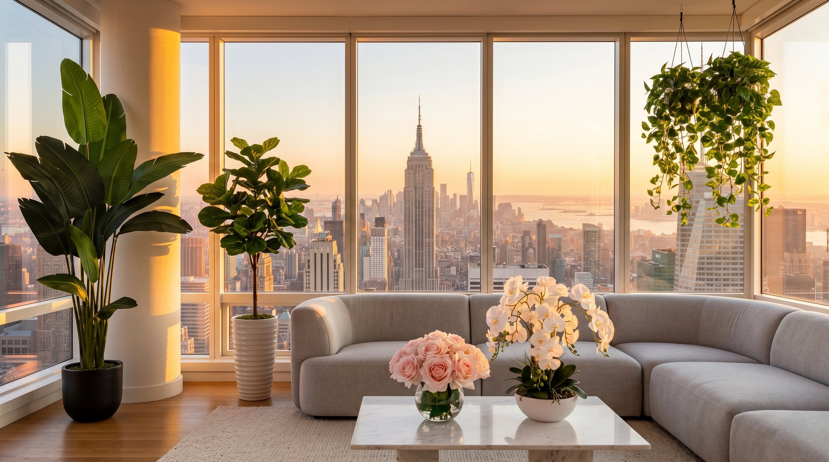 Sunlight living room with a sofa, faux plants, and expansive view of Manhattan