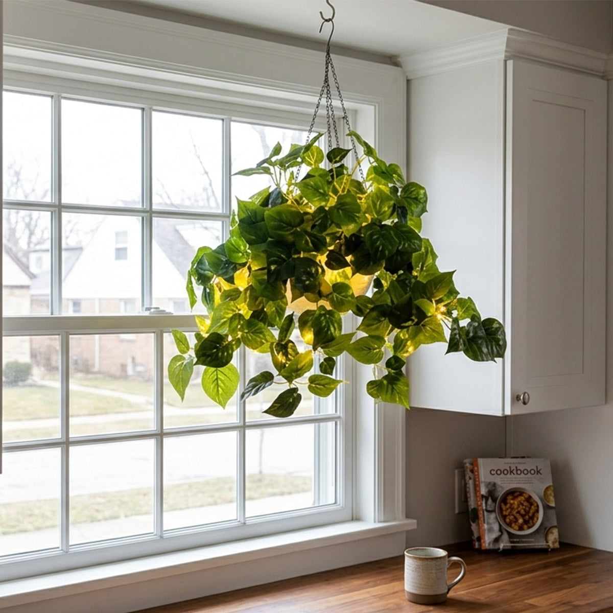 A faux plant hanging in a basket in front of a kitchen window