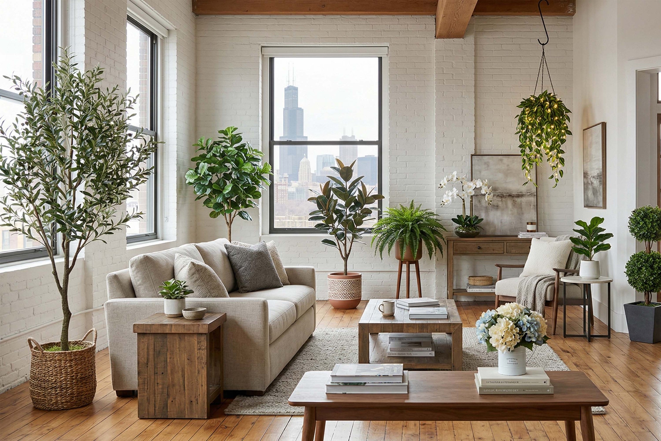 living room featuring many faux plants with a city skyline