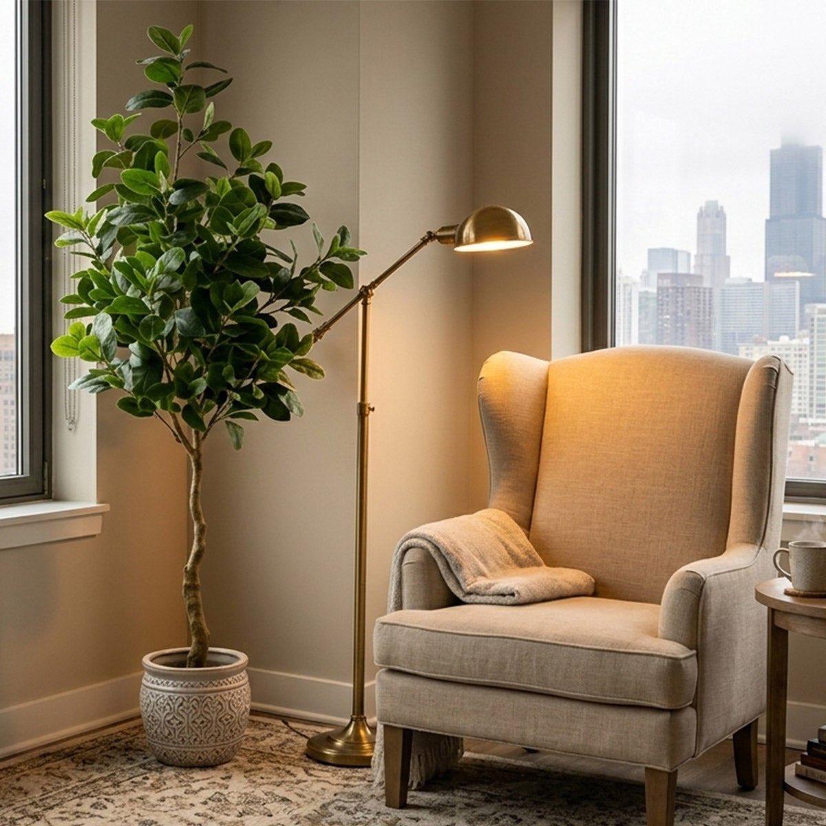 reading nook with char, lamp, and faux plant