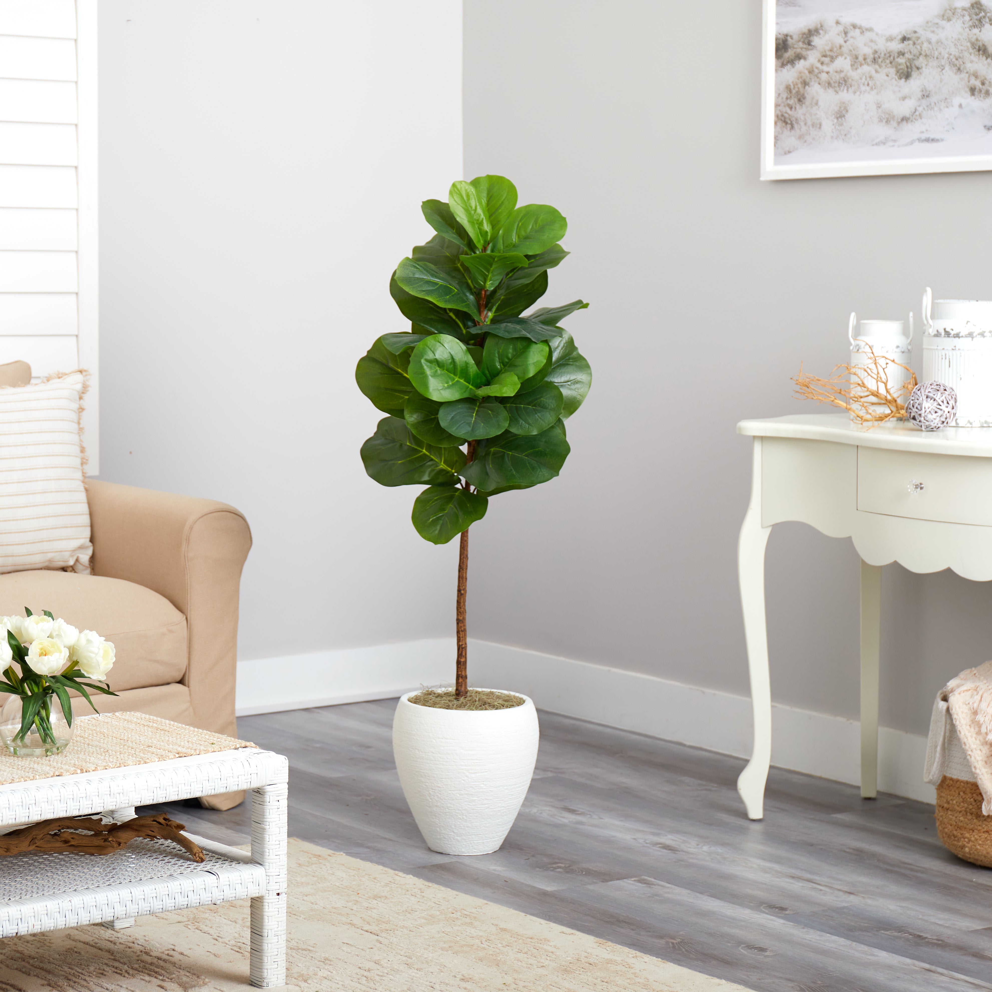 52” Fiddle Leaf Artificial Tree in White Planter | Nearly Natural