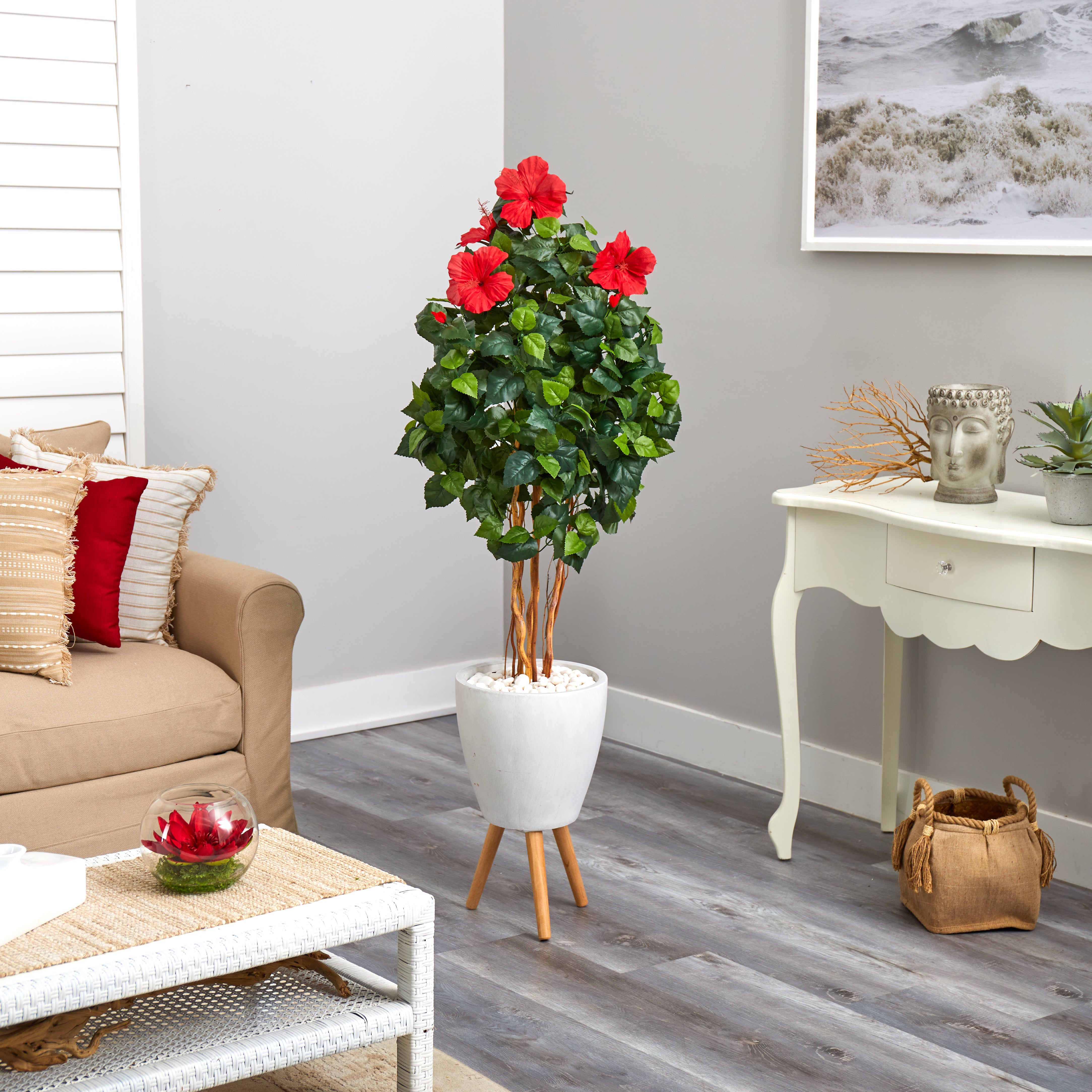58” Hibiscus Artificial Tree in White Planter with Stand | Nearly