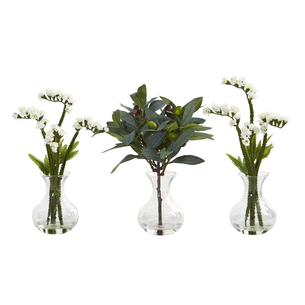 10” Baby Breath and Olive Arrangement in Vase (Set of 3)