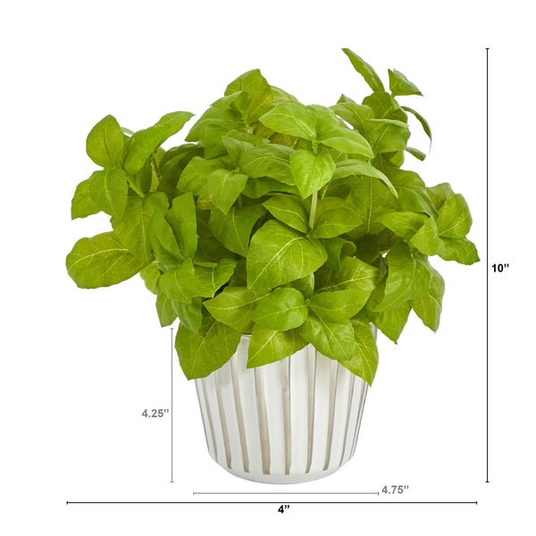 10” Basil Artificial Plant in White Planter with Silver Trimming