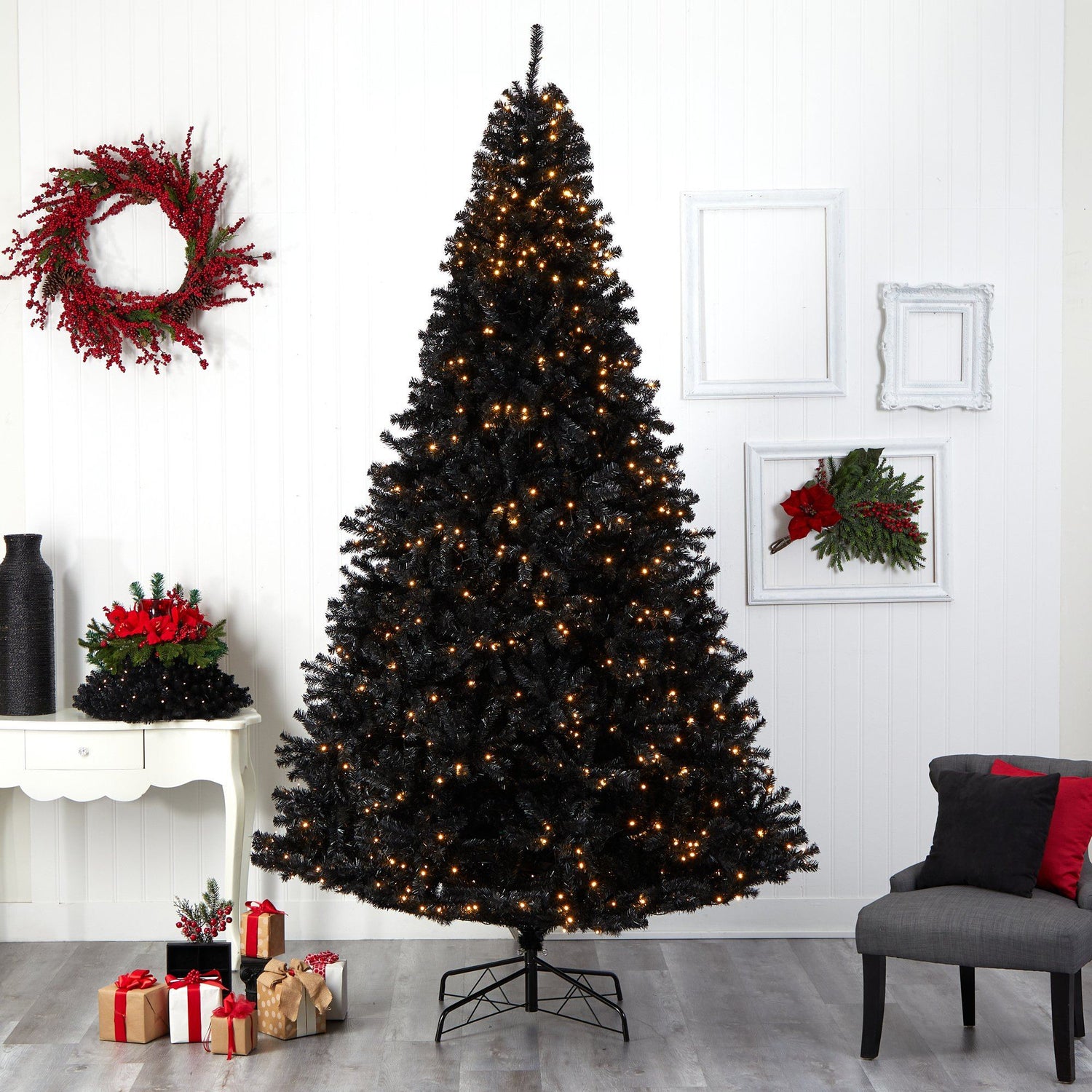 10’ Black Artificial Christmas Tree with 950 Clear LED Lights and 3056 Tips