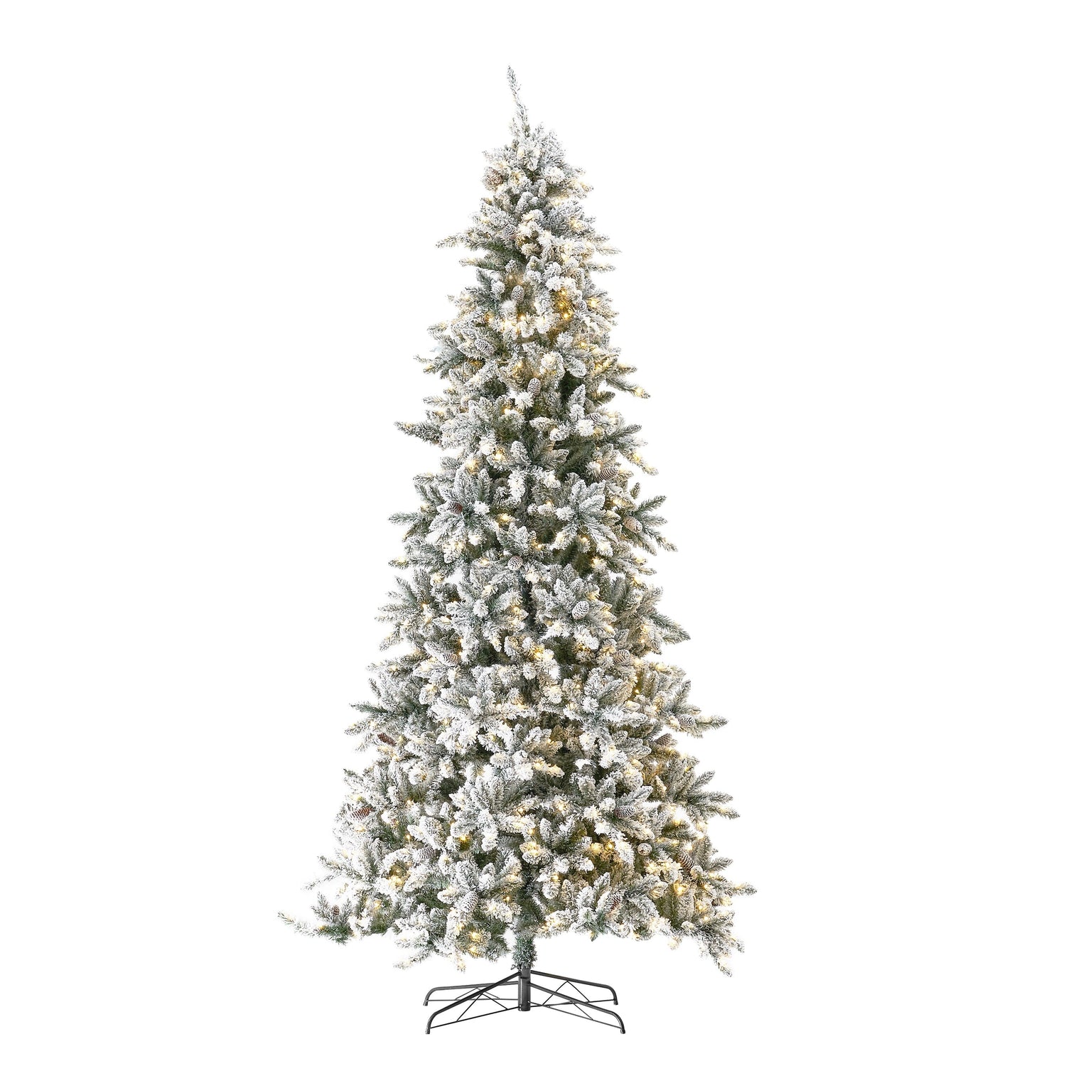 10’ Flocked Livingston Fir Artificial Christmas Tree with Pine Cones, 750 Clear Warm LED Lights and 2424 Bendable Branches