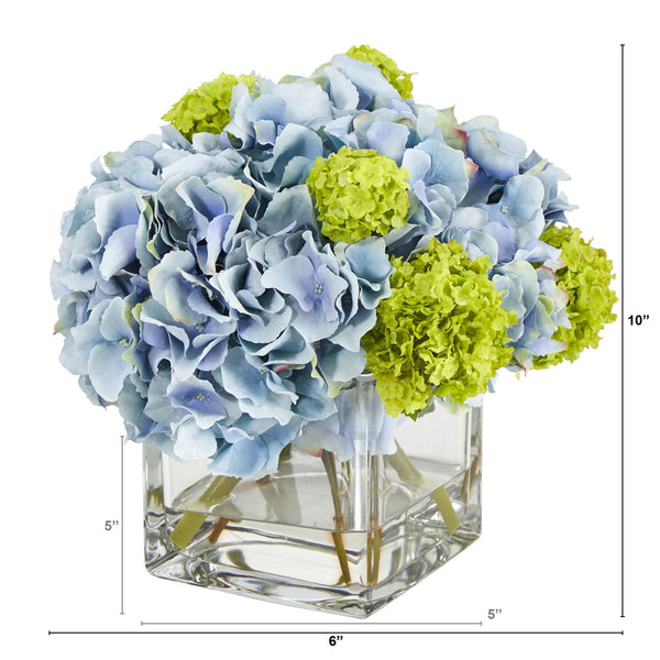 10” Hydrangea Artificial Arrangement in Glass Vase