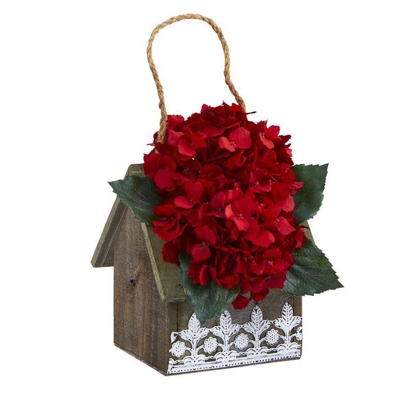 10” Hydrangea Artificial Arrangement in Hanging Floral Design House Planter