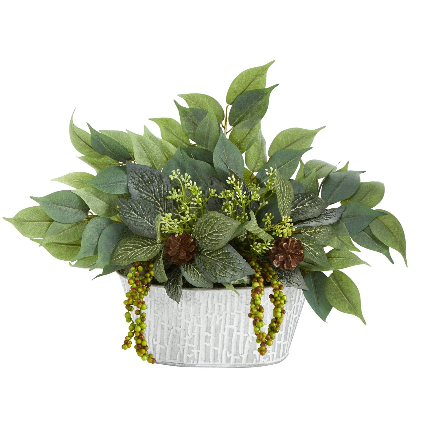 10” Mixed Ficus and Fittonia Artificial Plant in White Tin Planter