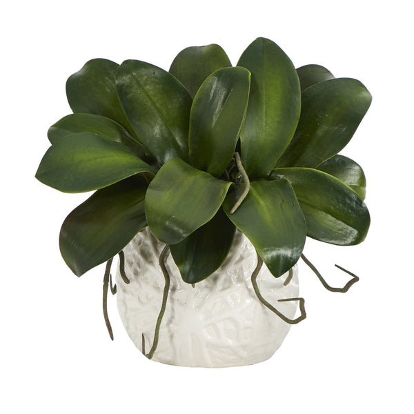 10” Phalaenopsis Orchid Leaf Artificial Plant in White Planter