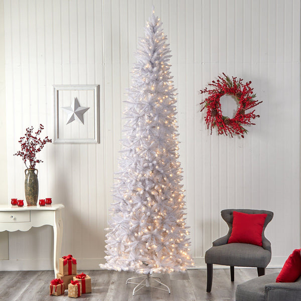 10’ Slim White Artificial Christmas Tree with 800 Warm White LED Lights and 2420 Bendable Branches
