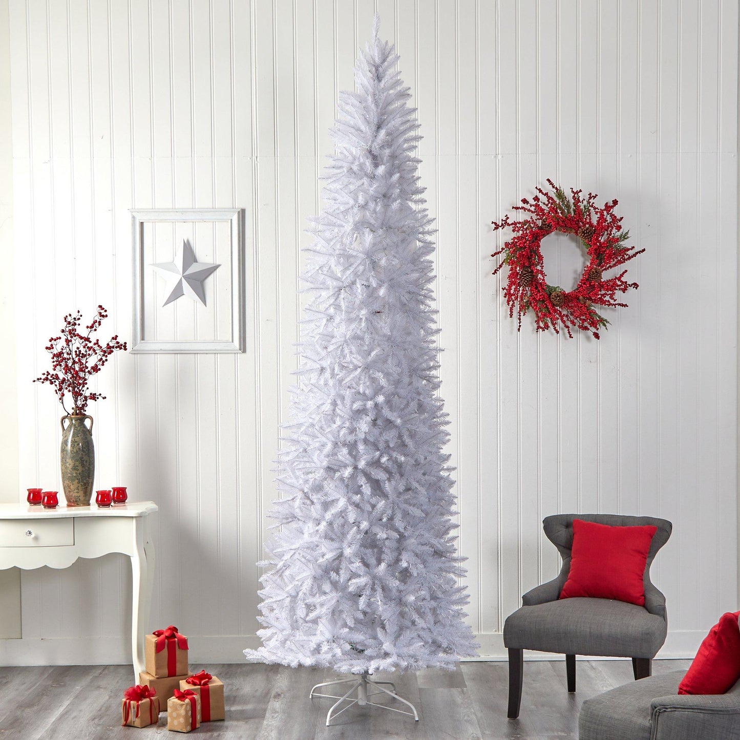 10’ Slim White Artificial Christmas Tree with 800 Warm White LED Lights ...