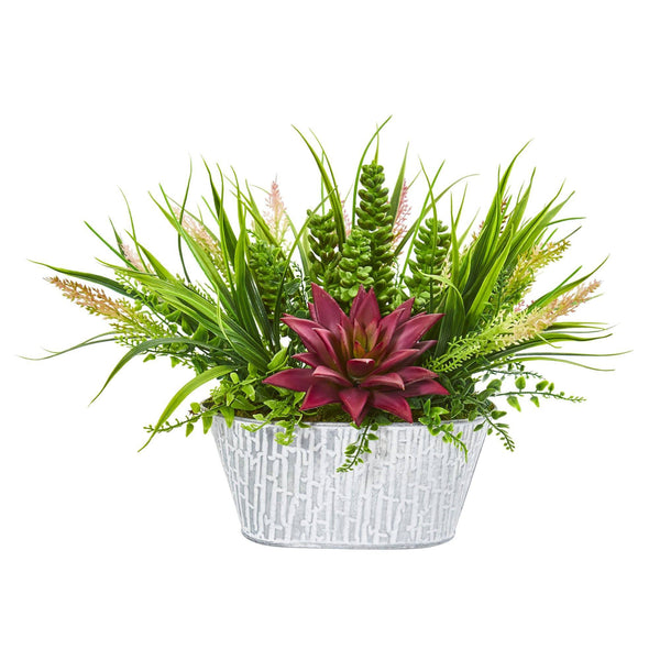 10” Succulent and Grass Artificial Plant in White Tin Planter | Nearly ...