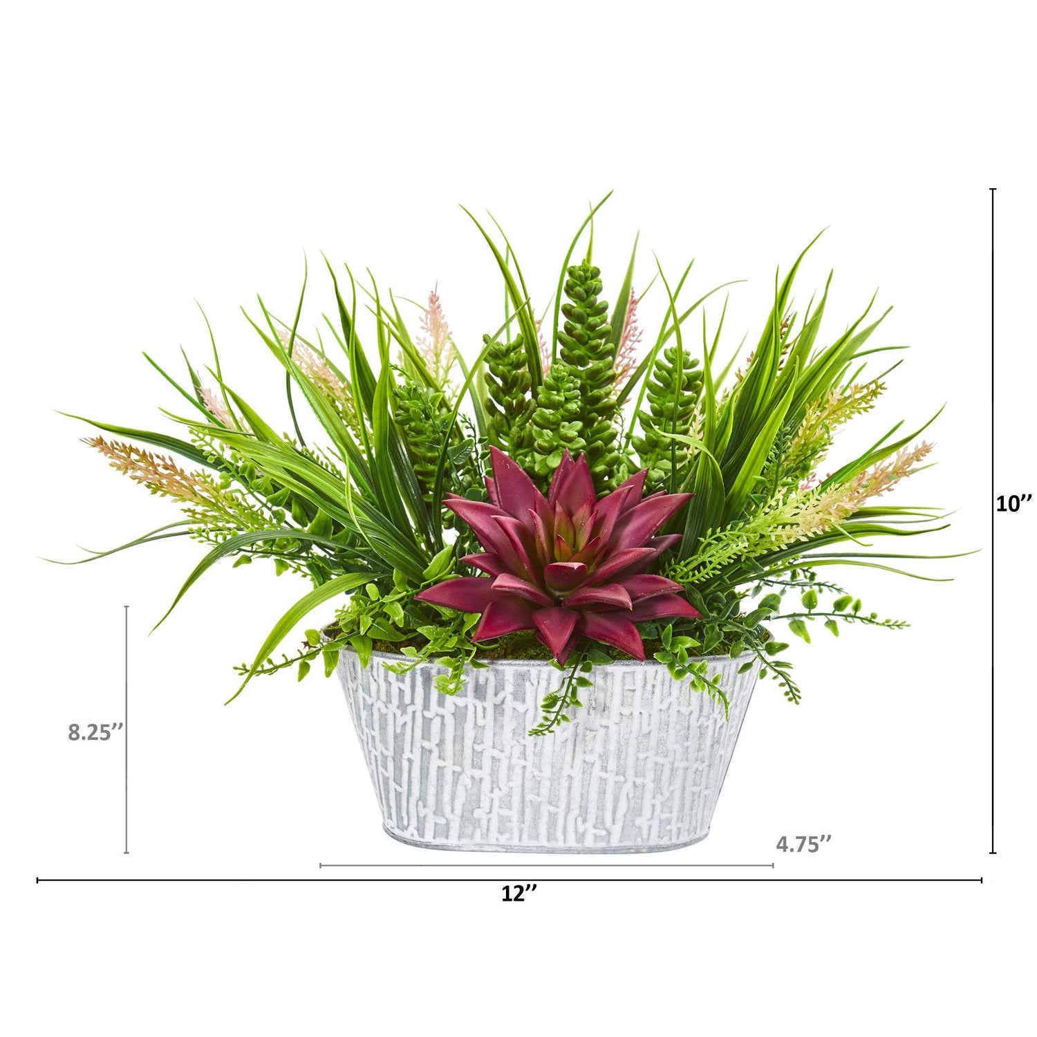 10” Succulent and Grass Artificial Plant in White Tin Planter