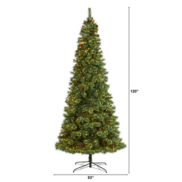 10’ White Mountain Pine Artificial Christmas Tree with 850 Clear LED Lights and Pine Cones