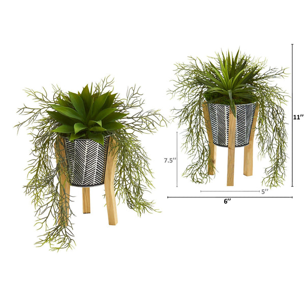 11” Agave Succulent Artificial Plant in Tin Planter with Legs (Set of 2)