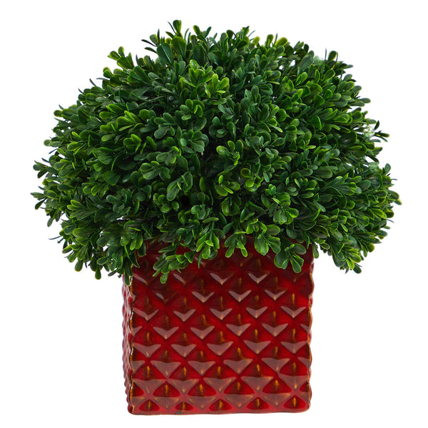 11” Boxwood Topiary Artificial Plant in Red Planter (Indoor/Outdoor)