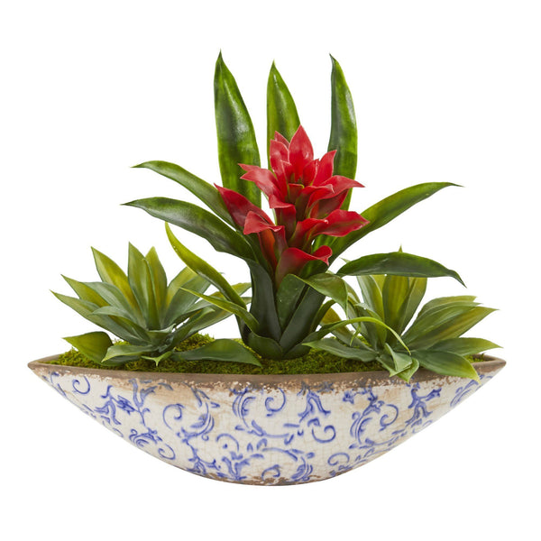 11" Bromeliad and Agave Artificial Plant in Floral Planter"