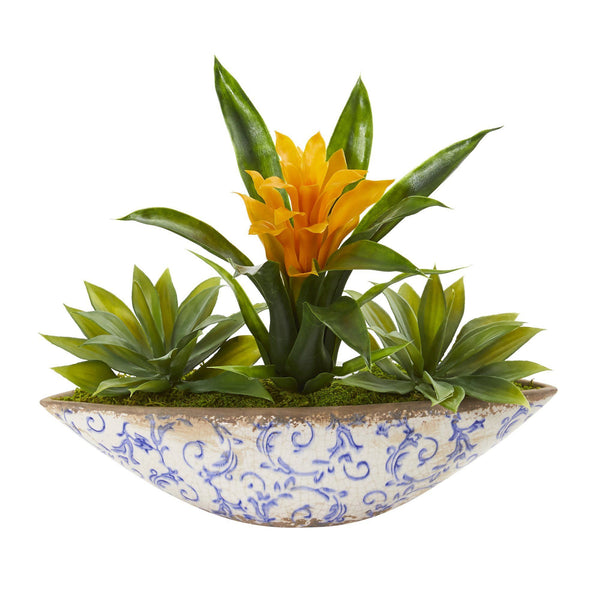 11" Bromeliad and Agave Artificial Plant in Floral Planter"