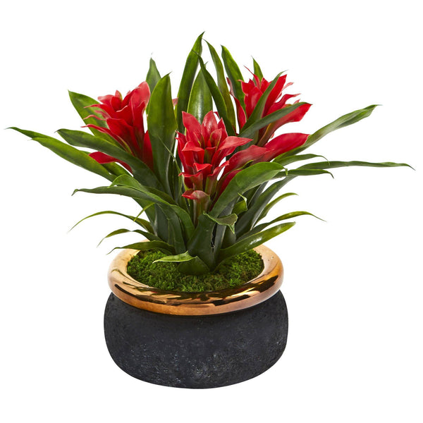 11” Bromeliad Artificial Plant in Stoneware Planter