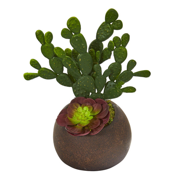 11” Cactus and Echeveria Succulent Artificial Plant in Stone Planter