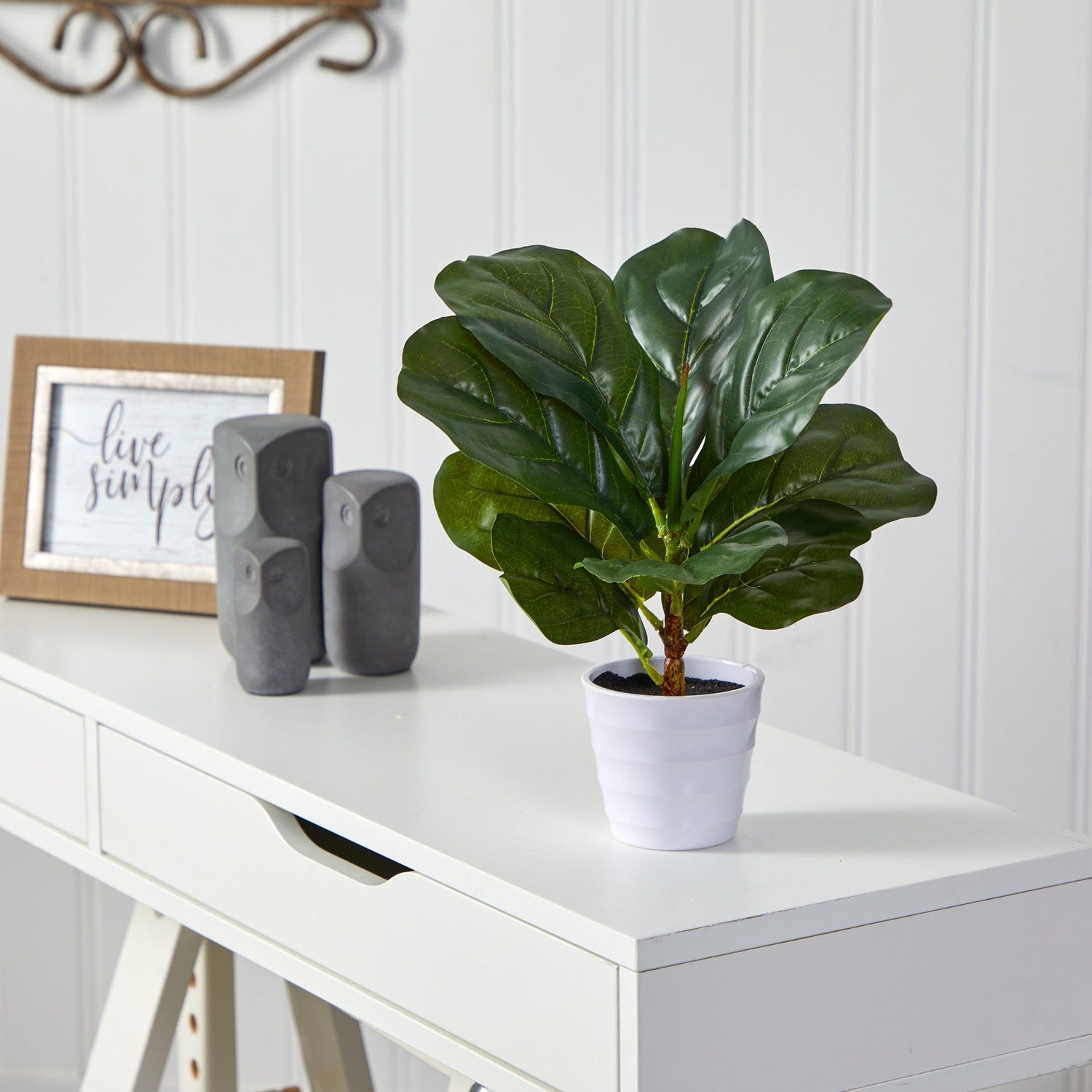 11” Fiddle Leaf Artificial Plant in White Planter (Real Touch)