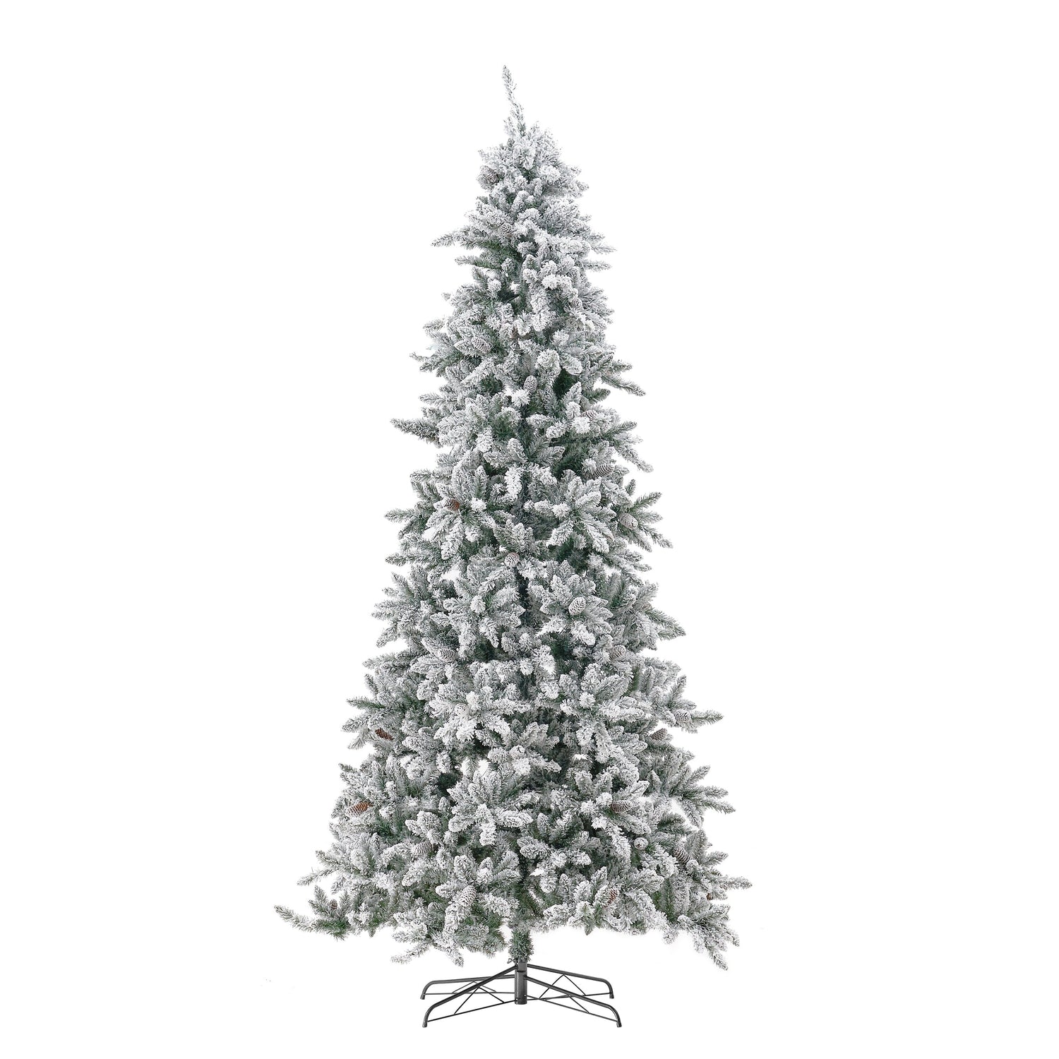11’ Flocked Livingston Fir Artificial Christmas Tree with Pine Cones, 950 Clear Warm LED Lights and 3016 Bendable Branches