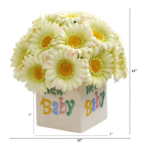 11” Gerber Daisy Artificial Arrangement in “New Baby” Vase