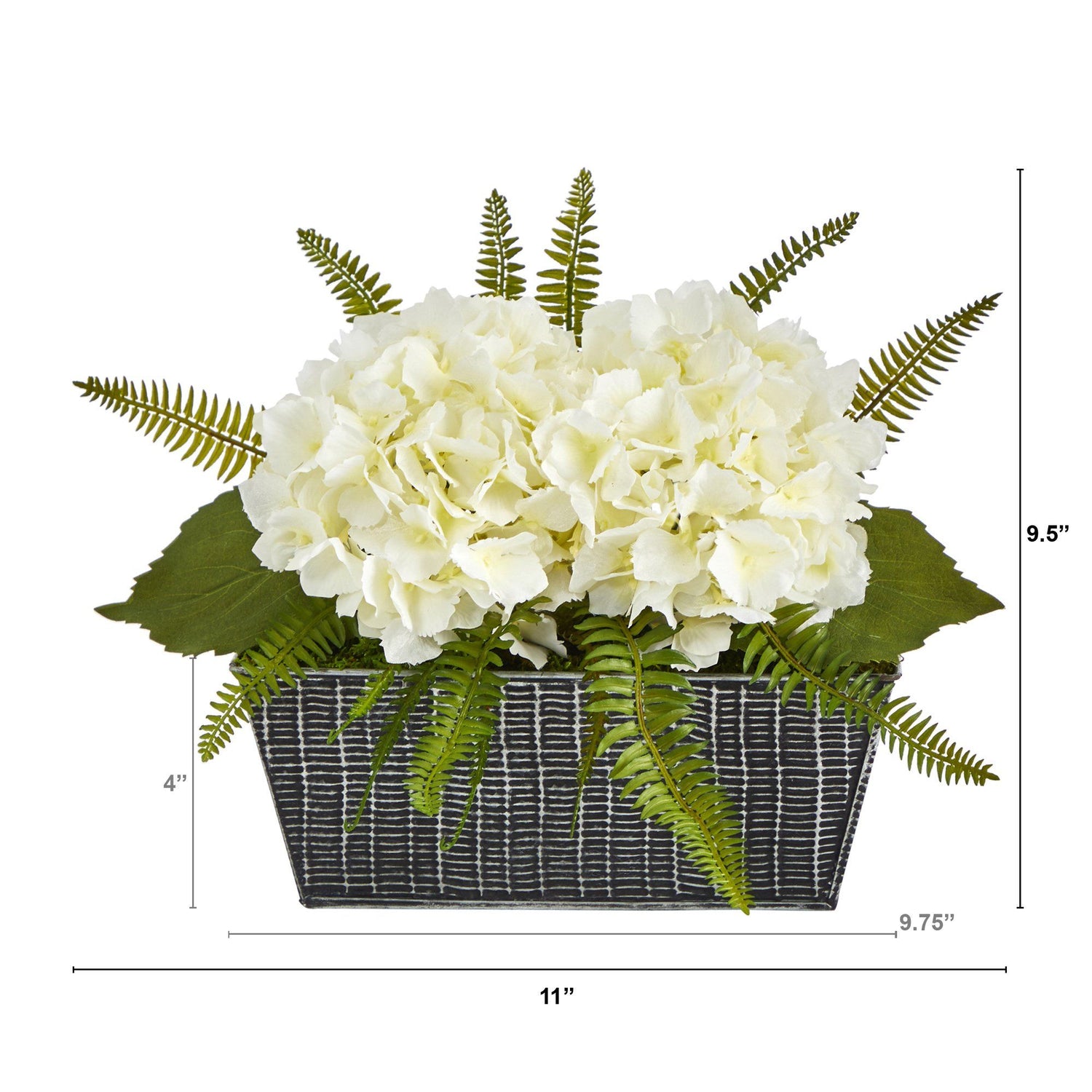 11” Hydrangea and Fern Artificial Plant in Embossed Tin Planter