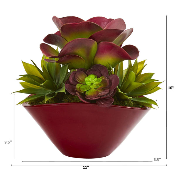 11” Mixed Succulent Artificial Plant in Burgundy Planter