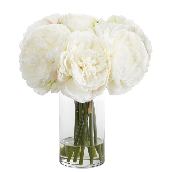 11” Peony Bouquet Artificial Arrangement in Glass Vase