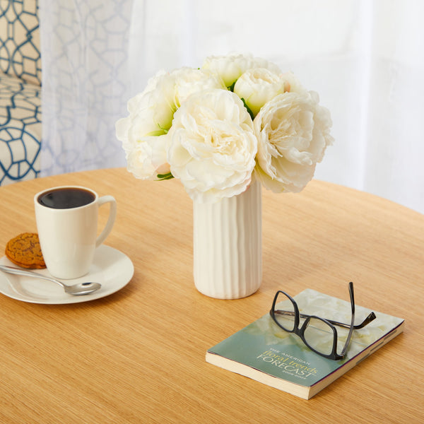 11” Peony Bouquet Artificial Arrangement in White Vase