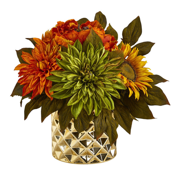11” Peony, Dahlia and Sunflower Artificial Arrangement in Gold Vase