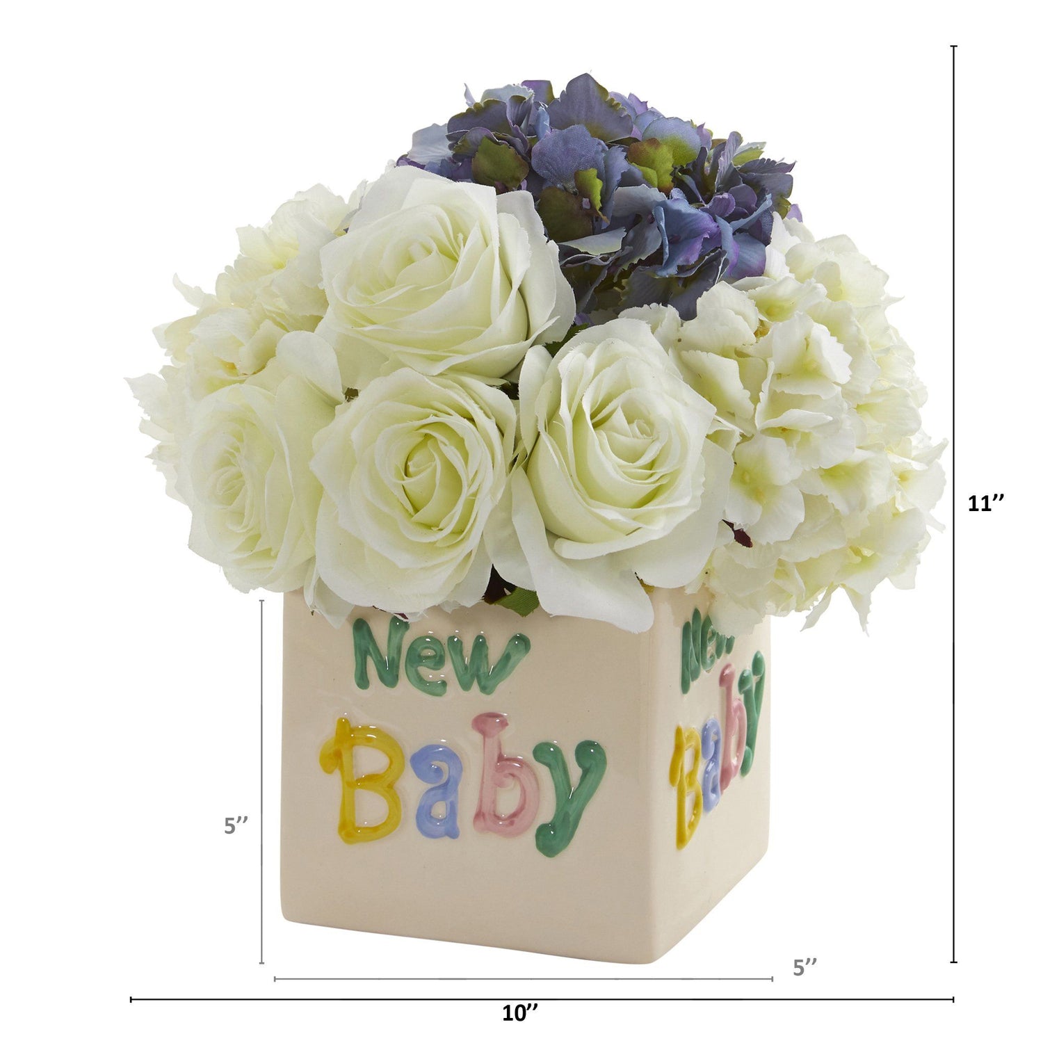 11” Rose and Hydrangea Artificial Arrangement in “New Baby” Vase