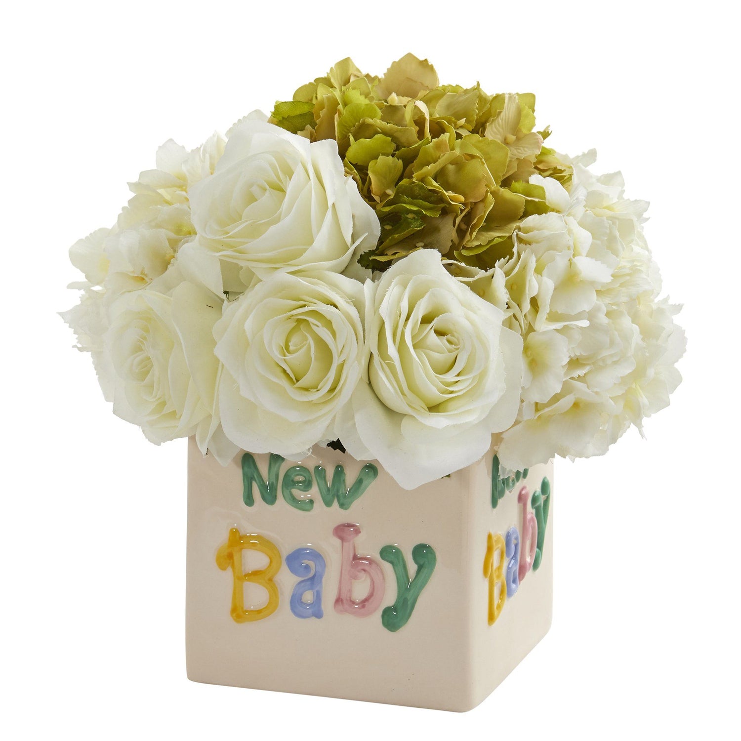 11” Rose and Hydrangea Artificial Arrangement in “New Baby” Vase