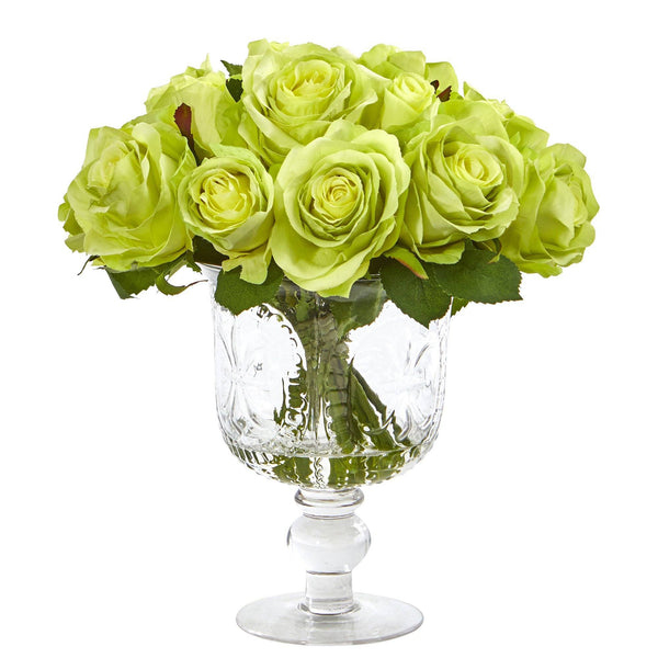 11” Rose Artificial Arrangement in Royal Glass Urn