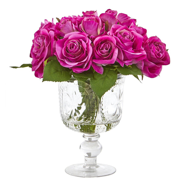11” Rose Artificial Arrangement in Royal Glass Urn