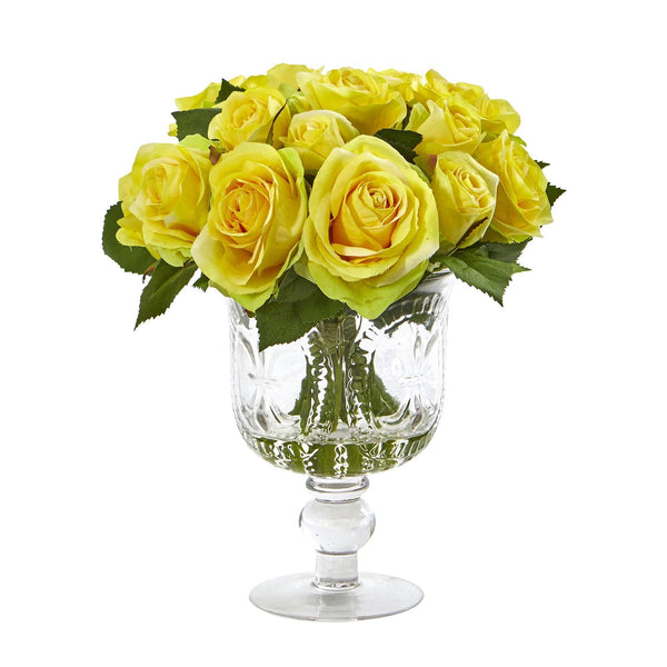 11” Rose Artificial Arrangement in Royal Glass Urn