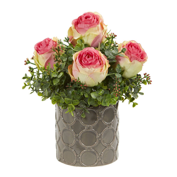 11” Roses and Eucalyptus Artificial Arrangement in Designer Vase