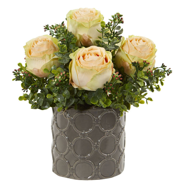 11” Roses and Eucalyptus Artificial Arrangement in Designer Vase