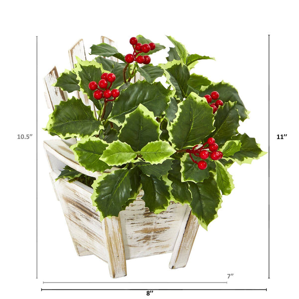 11” Variegated Holly Leaf Artificial Plant in Chair Planter (Real Touch)
