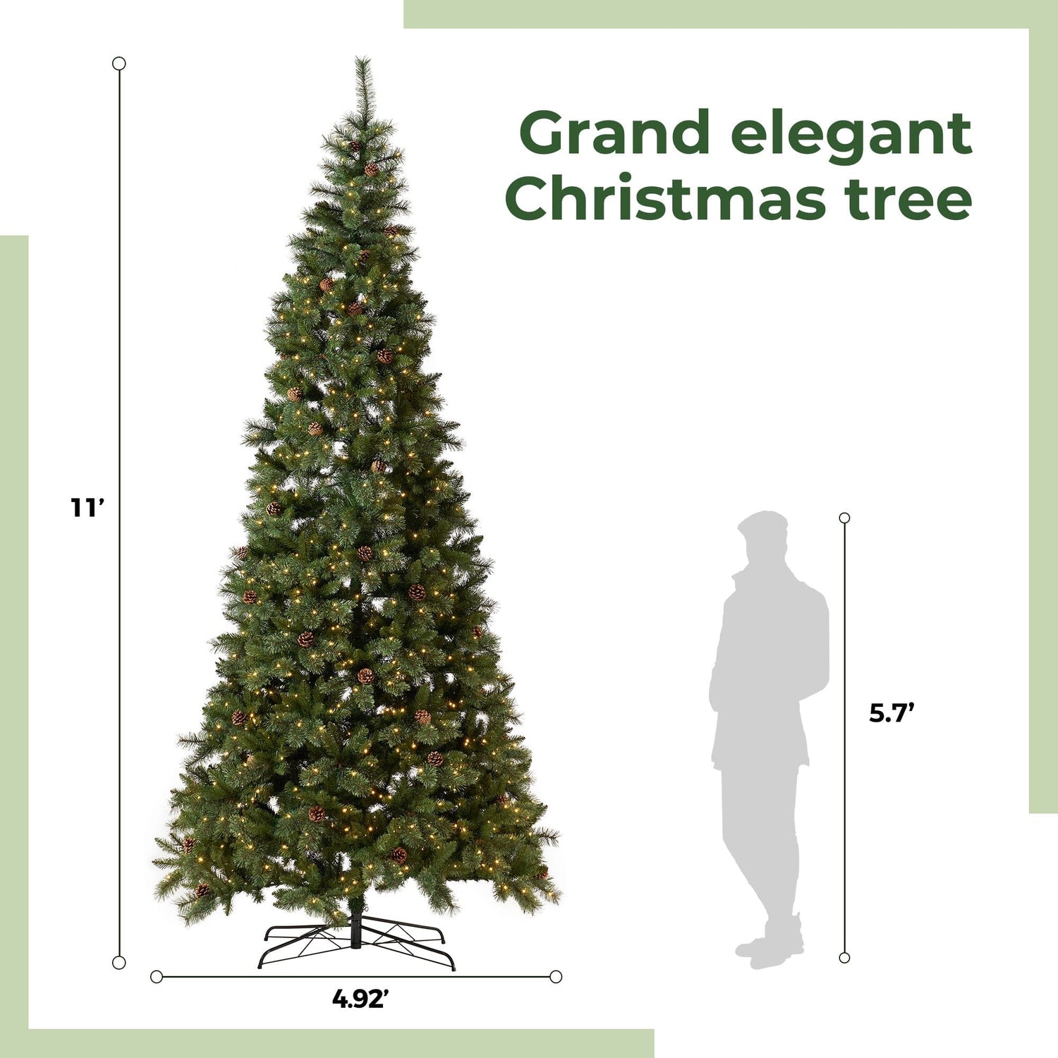 11’ White Mountain Pine Artificial Christmas Tree with 1050 Clear LED Lights, Pine Cones and 2395 Bendable Branches