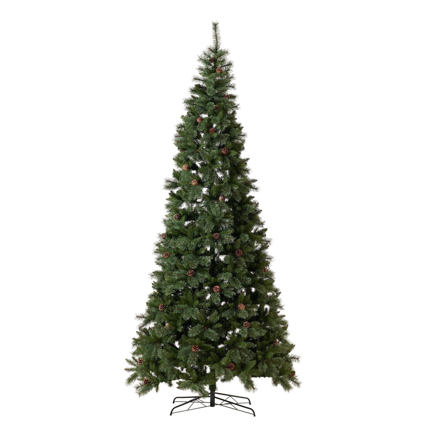 11’ White Mountain Pine Artificial Christmas Tree with 1050 Clear LED Lights, Pine Cones and 2395 Bendable Branches